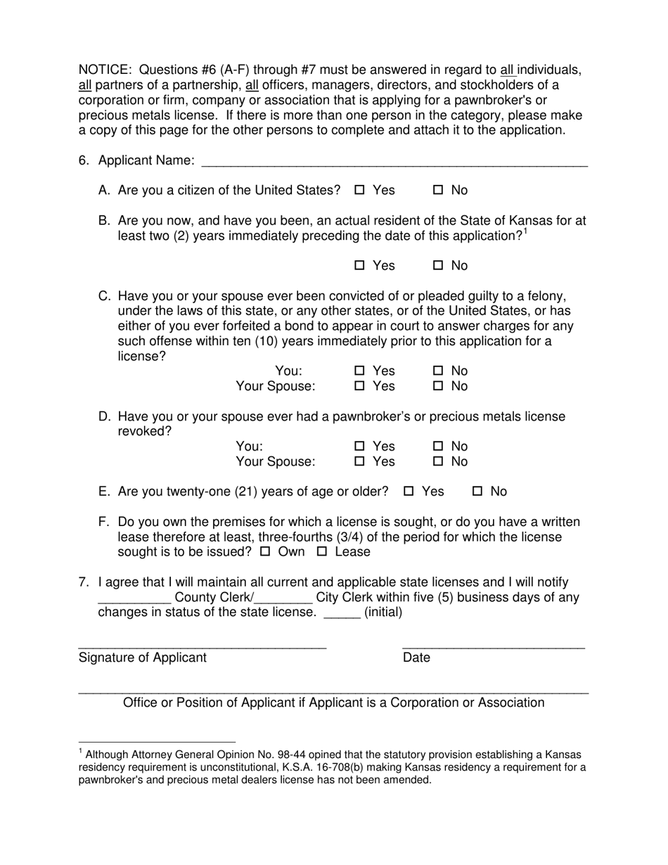 Application for Pawnbrokers or Precious Metal Dealers License - Kansas, Page 3