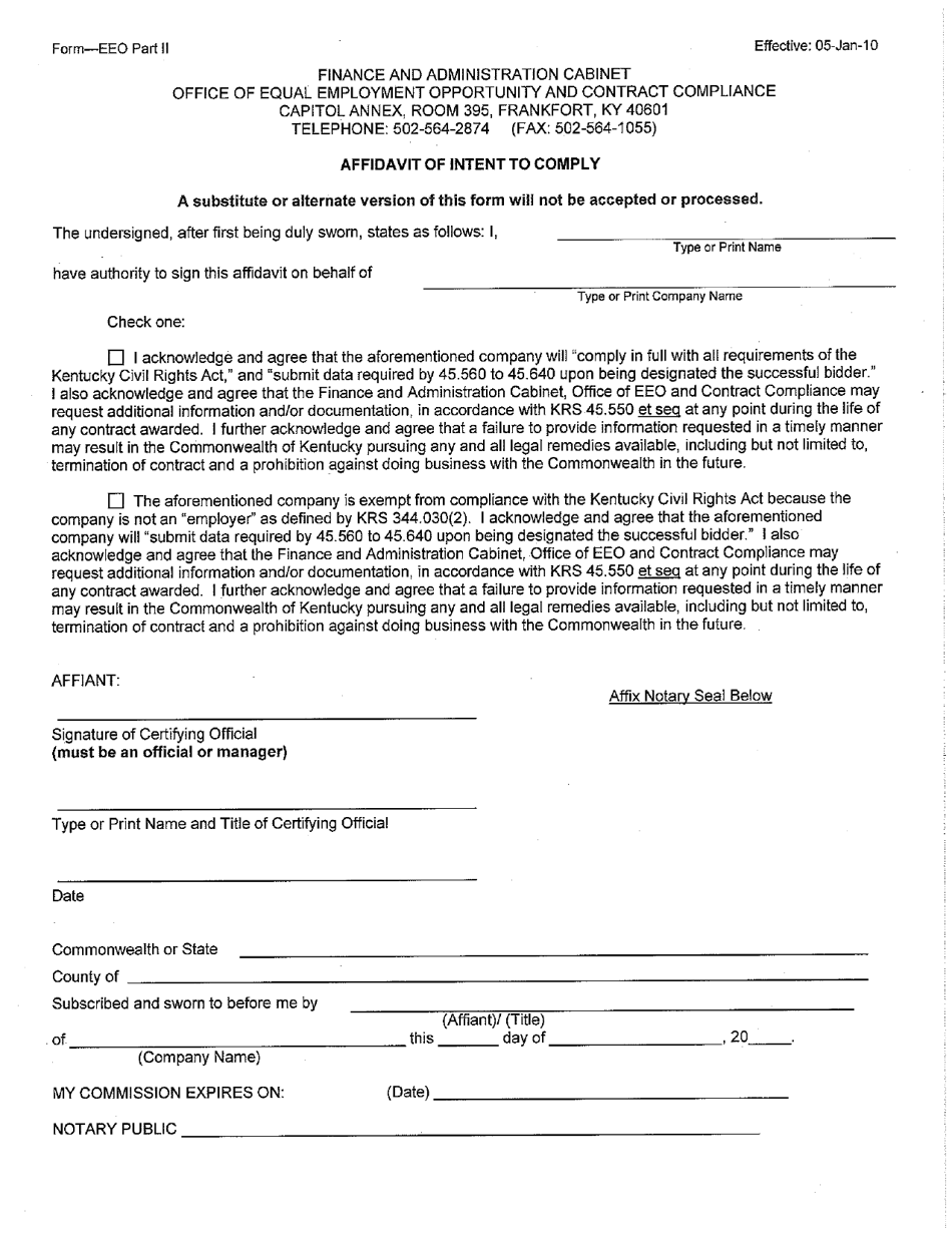 Form EEO Part II Affidavit of Intent to Comply - Kentucky, Page 1
