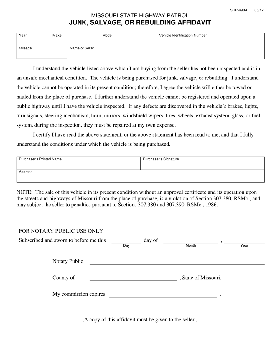 Form SHP-498A Junk, Salvage, or Rebuilding Affidavit - Missouri, Page 1