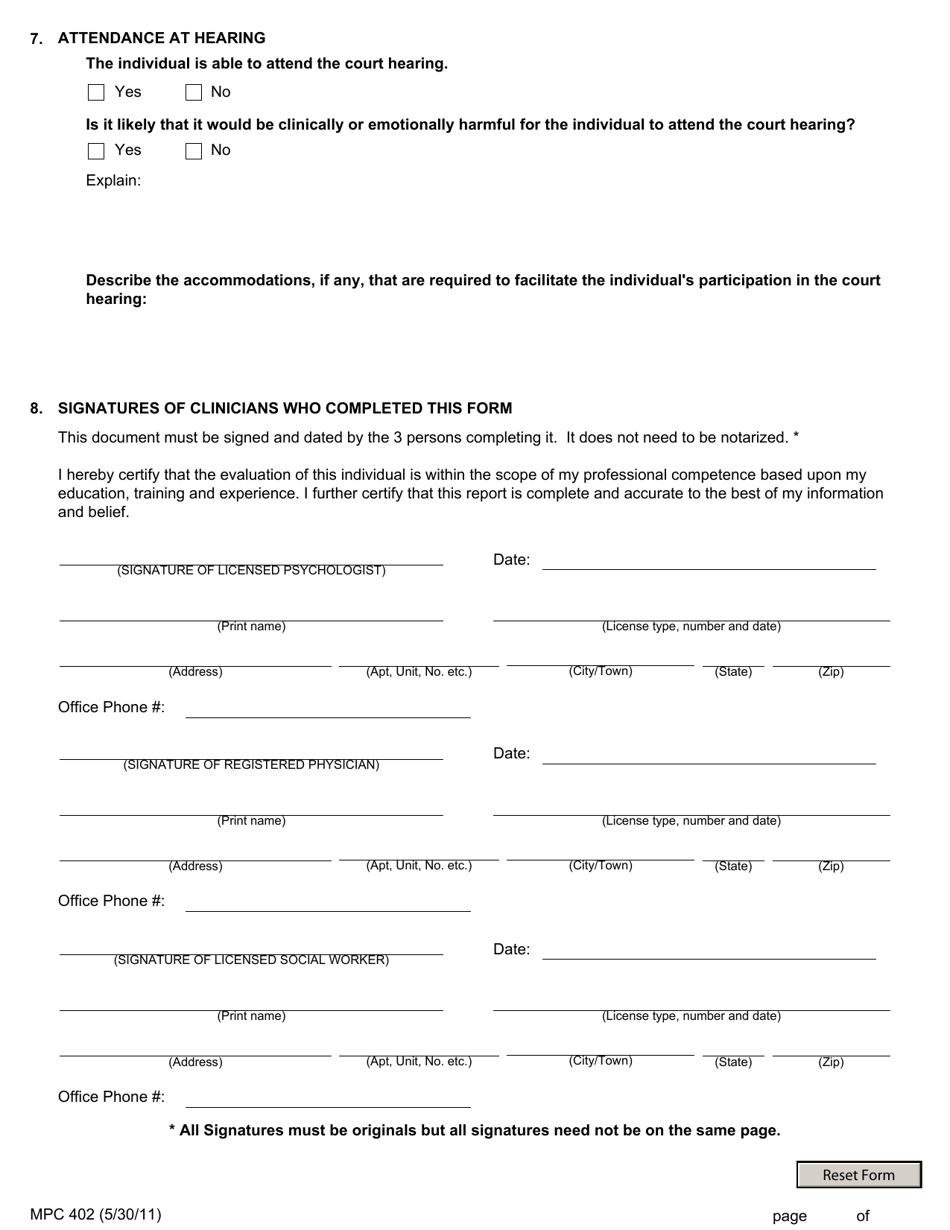 Form MPC402 Clinical Team Report - Massachusetts, Page 5