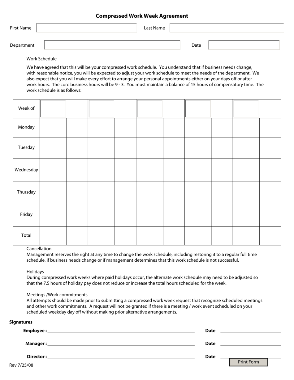 Kentucky Compressed Work Week Agreement Fill Out, Sign Online and