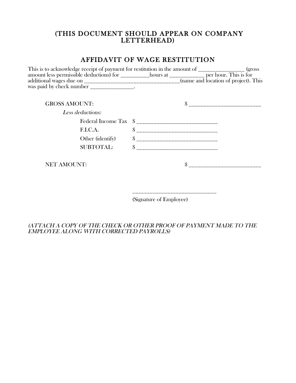 Affidavit of Wage Restitution - Missouri, Page 1