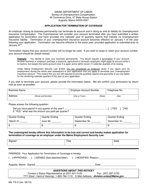 Form Me. FX-3 Application for Termination of Coverage - Maine