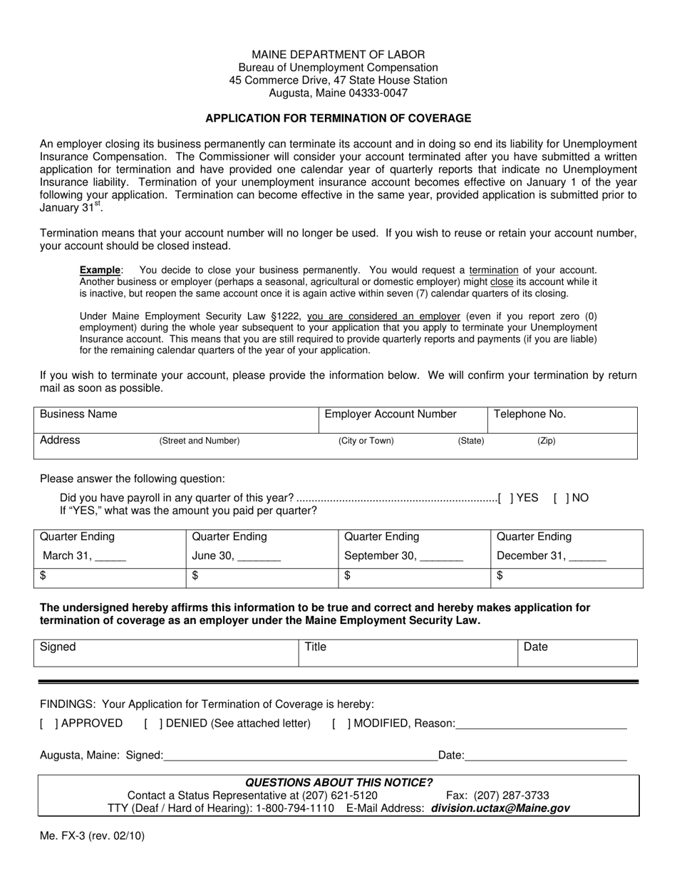 Form Me. FX-3 Application for Termination of Coverage - Maine, Page 1
