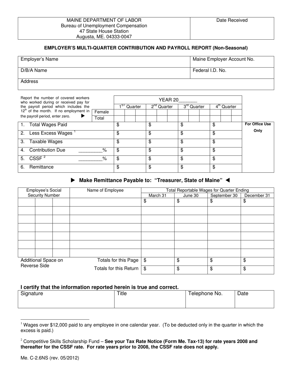 Form Me.C-2.6NS Employer's Multi-Quarter Contribution and Payroll Report (Non-seasonal) - Maine, Page 1