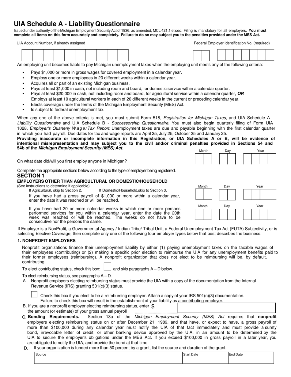 Form 518 Schedule A Liability Questionnaire - Michigan, Page 1
