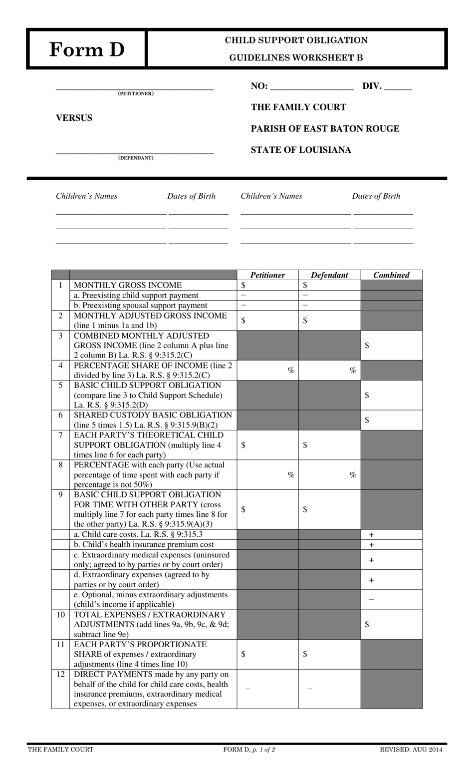 Form D Worksheet B - Fill Out, Sign Online and Download Printable PDF, East  Baton Rouge Parish, Louisiana | Templateroller