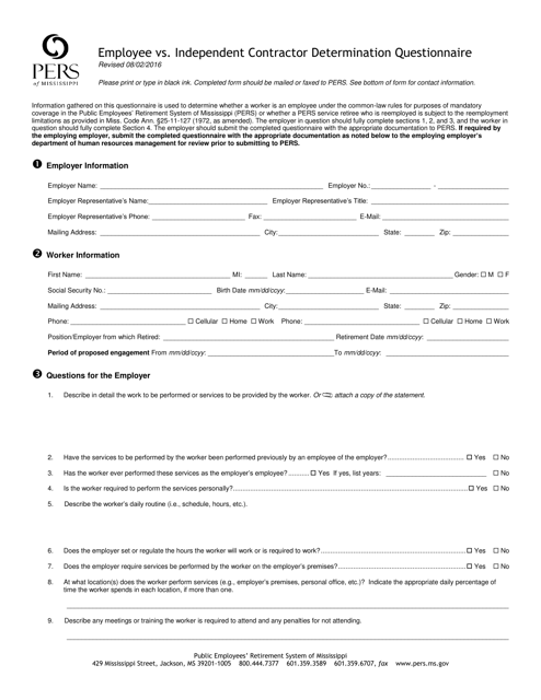 Employee VS. Independent Contractor Determination Questionnaire - Mississippi Download Pdf