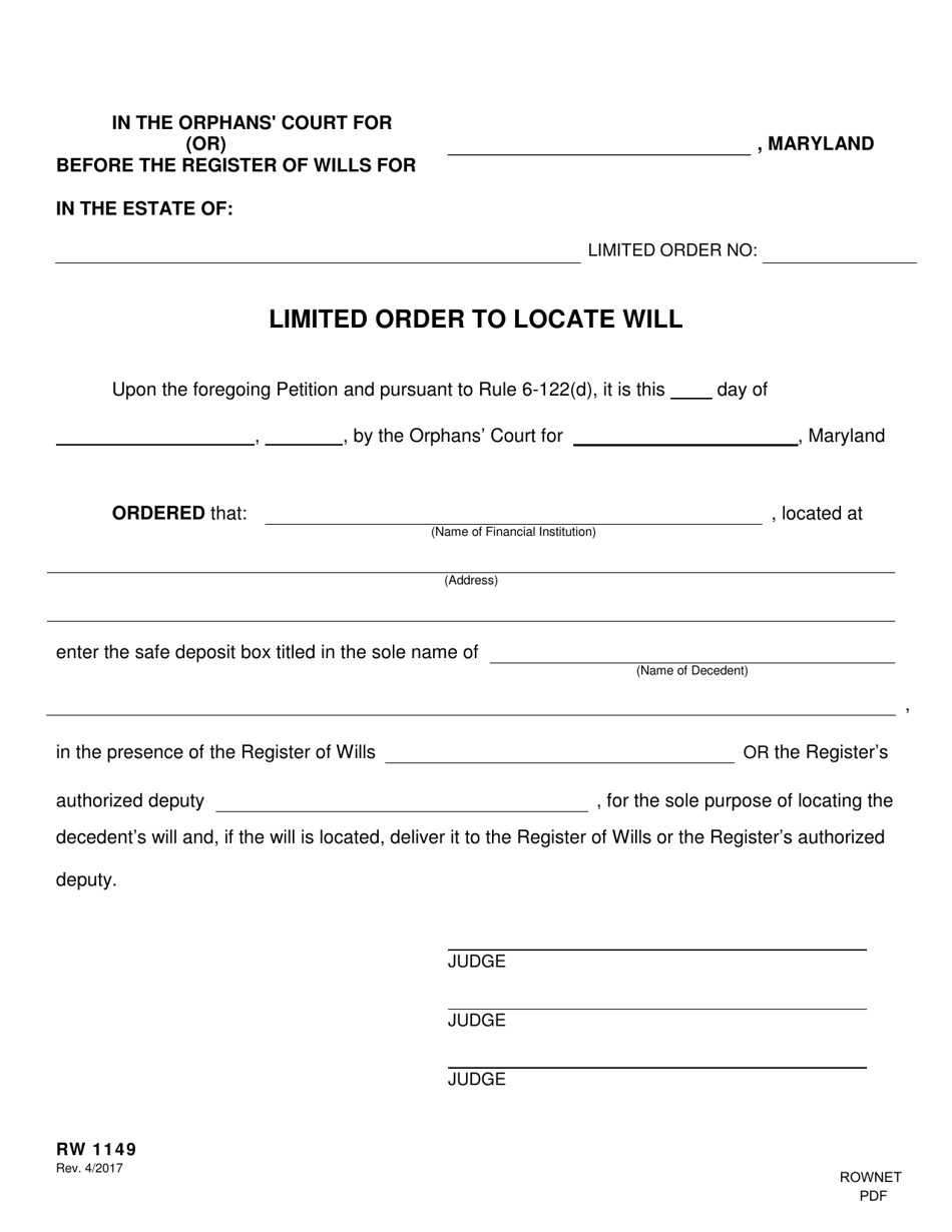Form RW1149 Limited Order to Locate Will - Maryland, Page 1