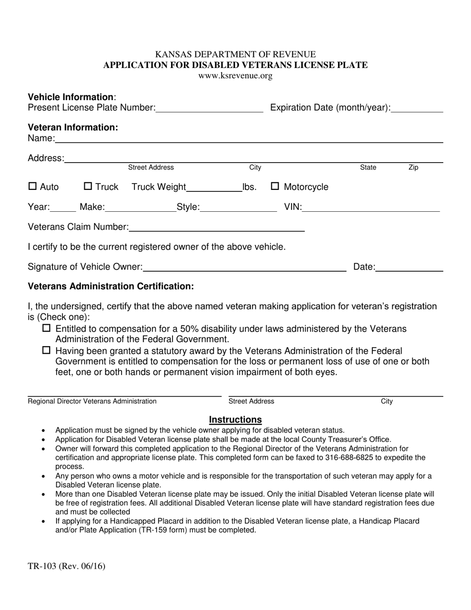 Form TR-103 Application for Disabled Veterans License Plate - Kansas, Page 1