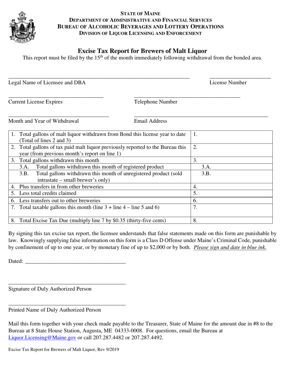 Maine Excise Tax Report for Brewers of Malt Liquor Fill Out, Sign