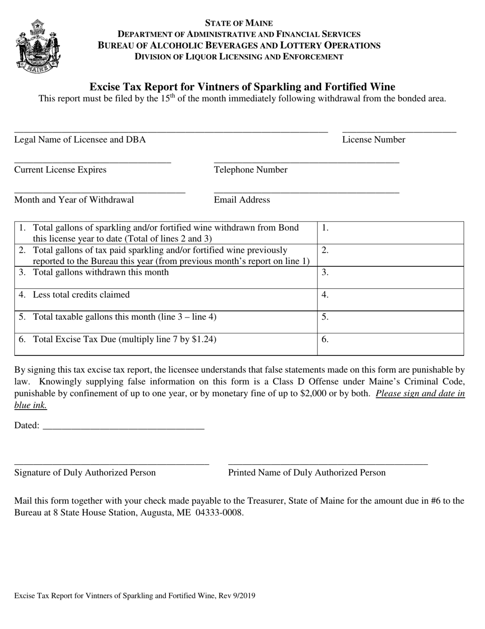 Maine Excise Tax Report for Vintners of Sparkling and Fortified Wine