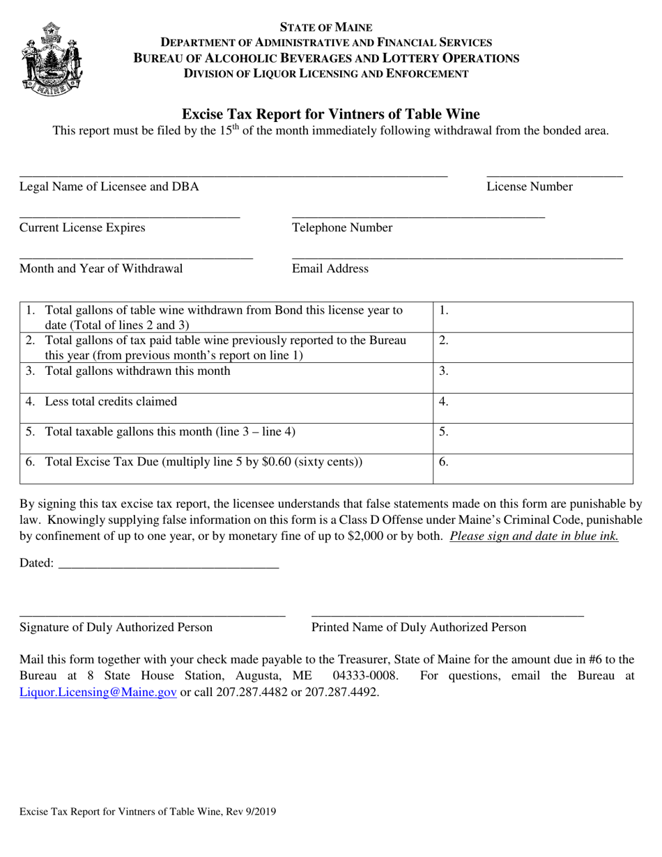 Maine Excise Tax Report for Vintners of Table Wine Download Fillable