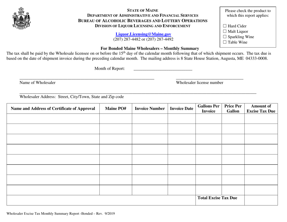 Maine Wholesaler Excise Tax Monthly Summary Report Bonded Fill Out