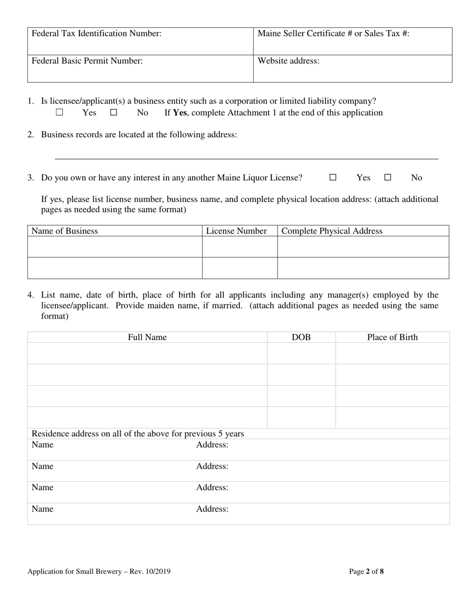Application for Brewer of Malt Liquors for Annual Malt Liquor Production Under 30,000 Barrels (930,000 Gallons) - Maine, Page 2
