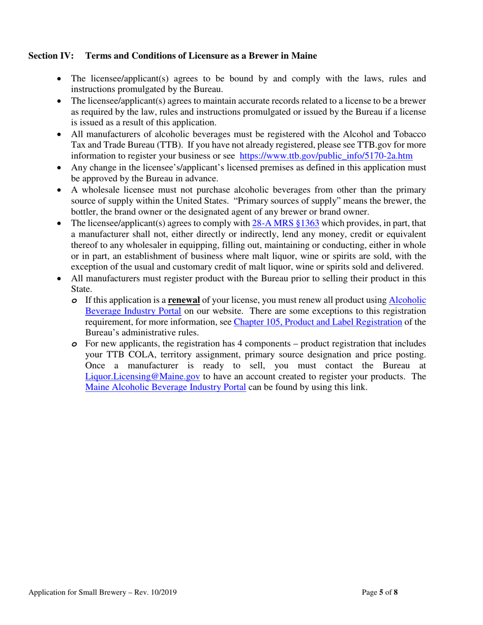 Application for Brewer of Malt Liquors for Annual Malt Liquor Production Under 30,000 Barrels (930,000 Gallons) - Maine, Page 5