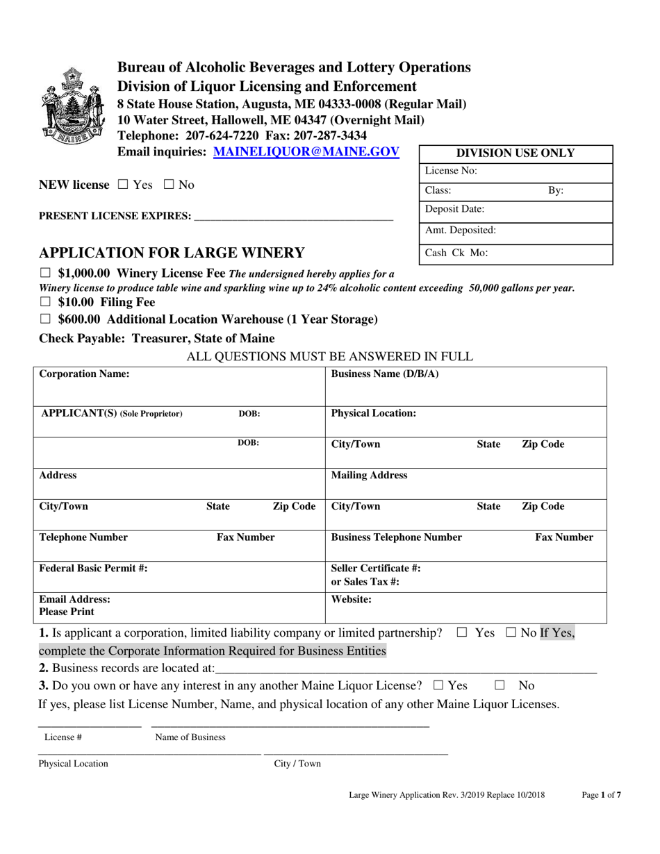 Application for Large Winery - Maine, Page 1