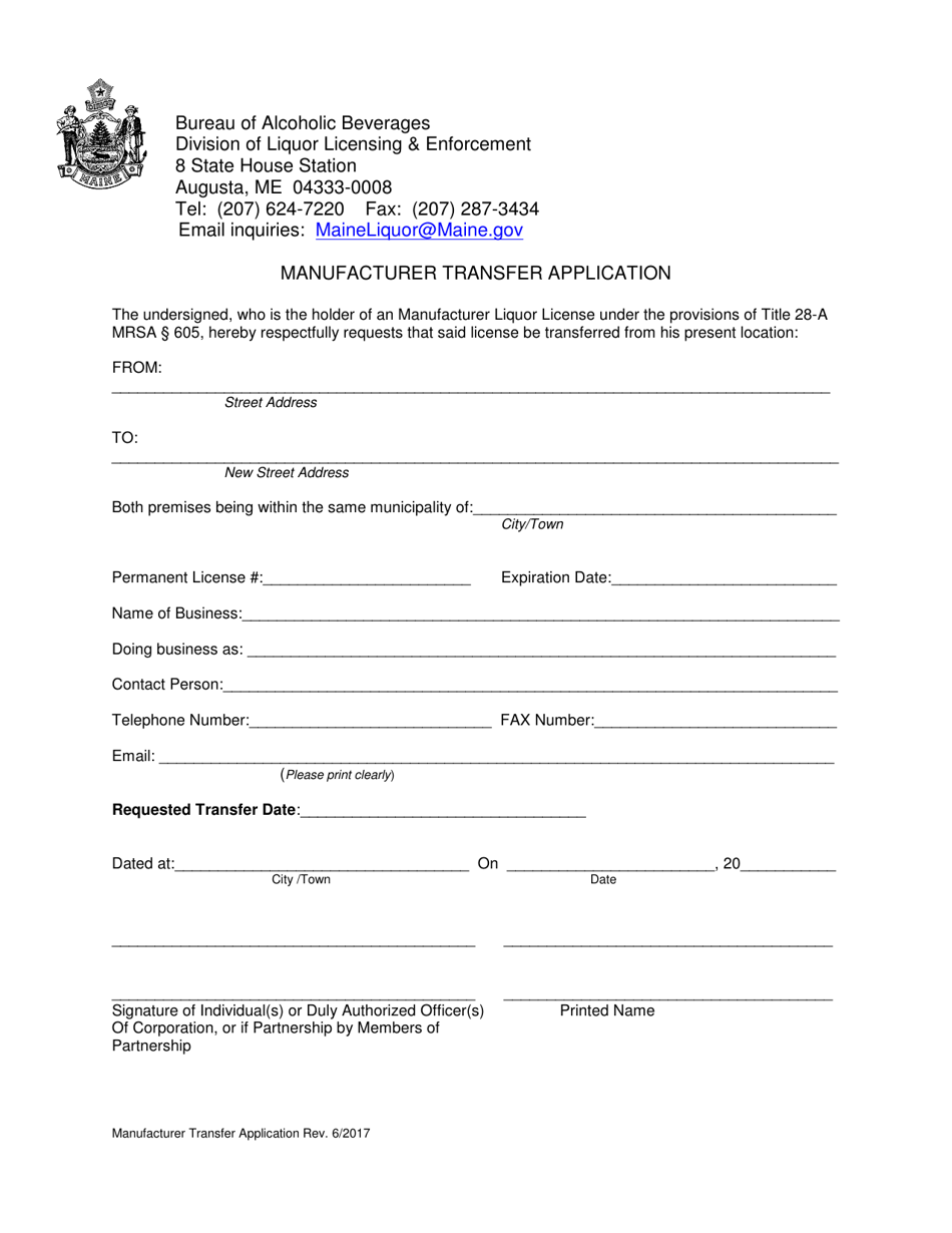Manufacturer Transfer Application - Maine, Page 1