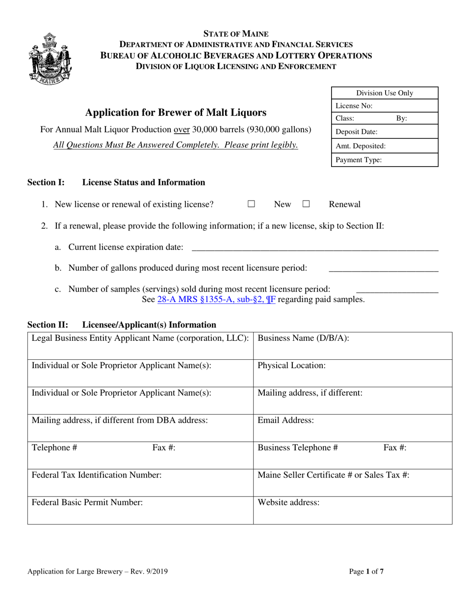 Application for Brewer of Malt Liquors for Annual Malt Liquor Production Over 30,000 Barrels (930,000 Gallons) - Maine, Page 1