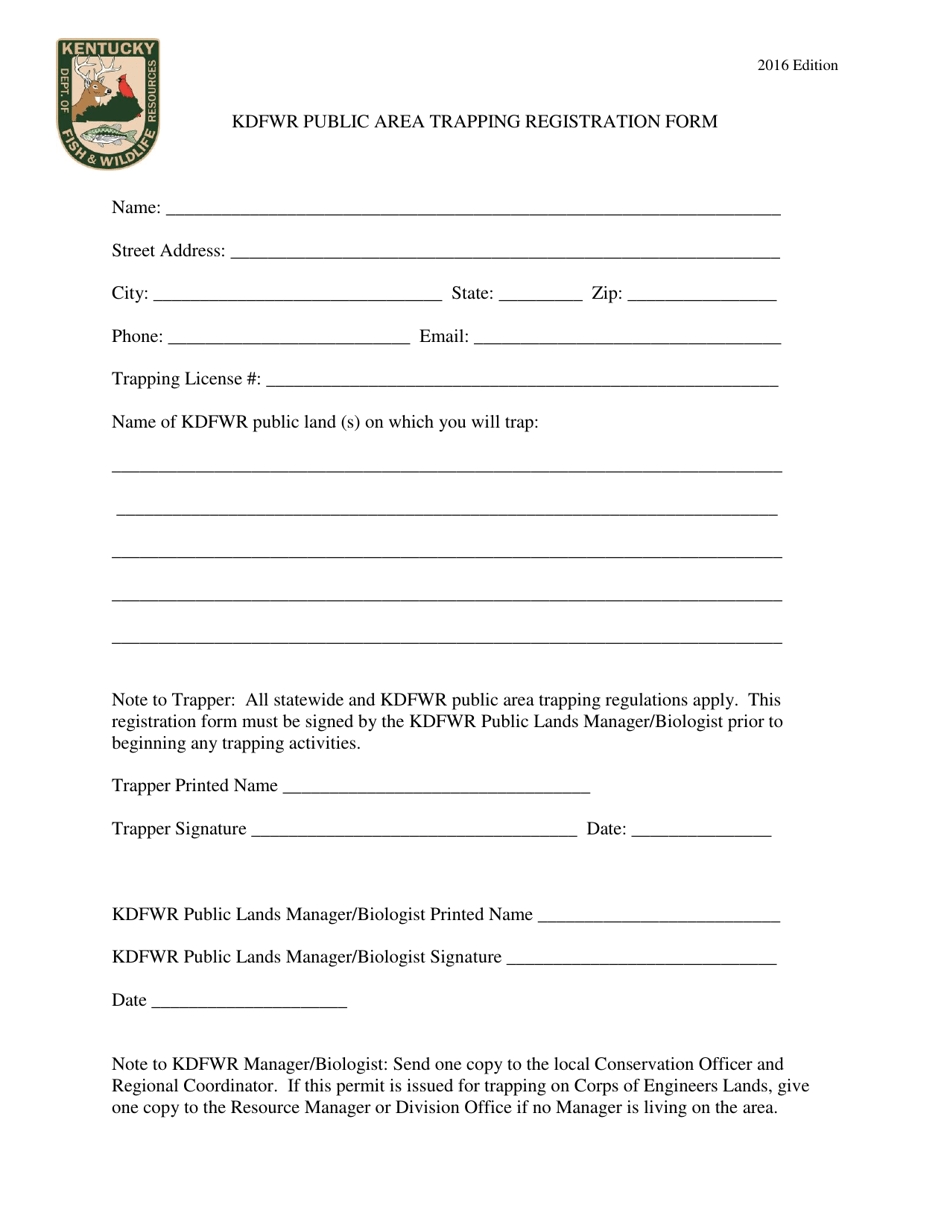 Kdfwr Public Area Trapping Registration Form - Kentucky, Page 1