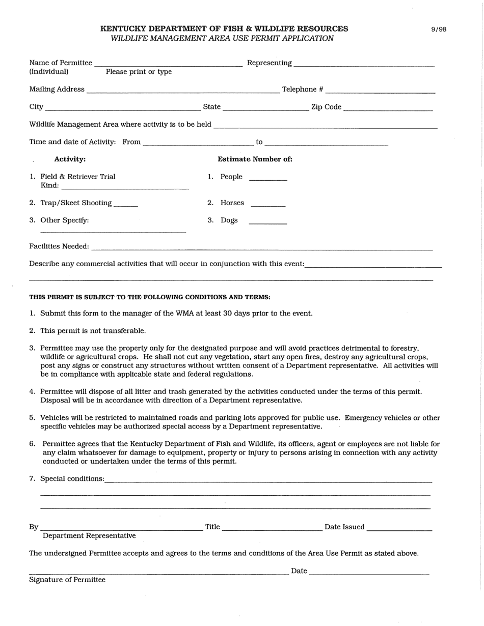 Wildlife Management Area Use Permit Application - Kentucky, Page 1