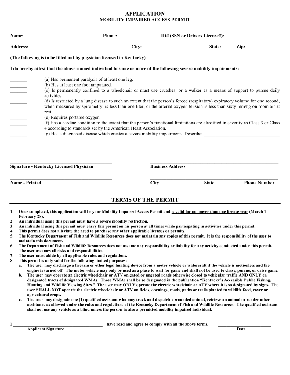 Mobility Impaired Access Permit Application - Kentucky, Page 1