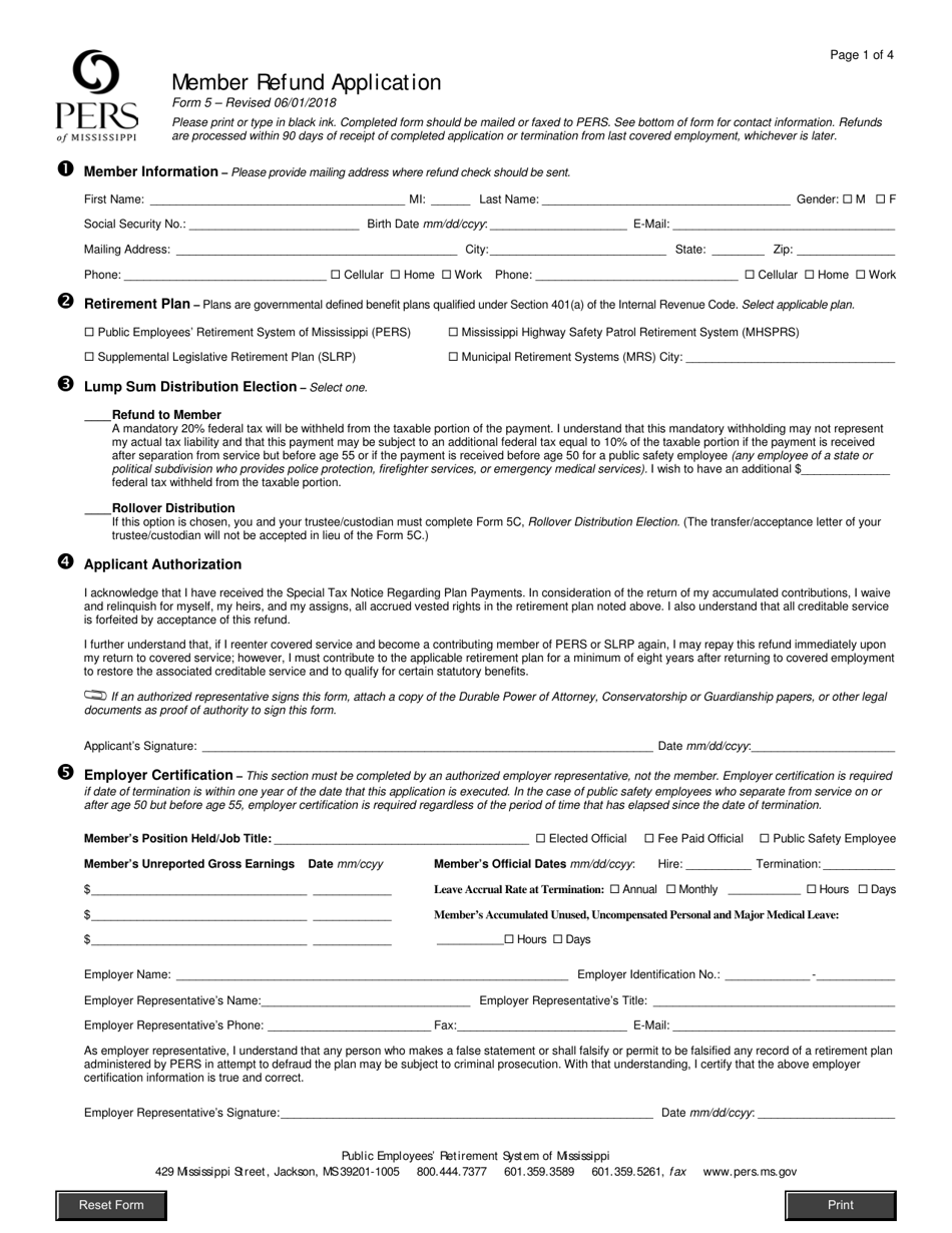 Form 5 Member Refund Application - Mississippi, Page 1