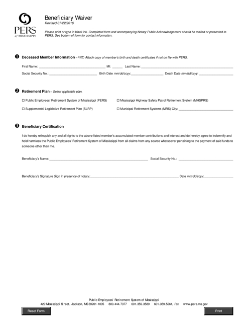 Beneficiary Waiver - Mississippi Download Pdf