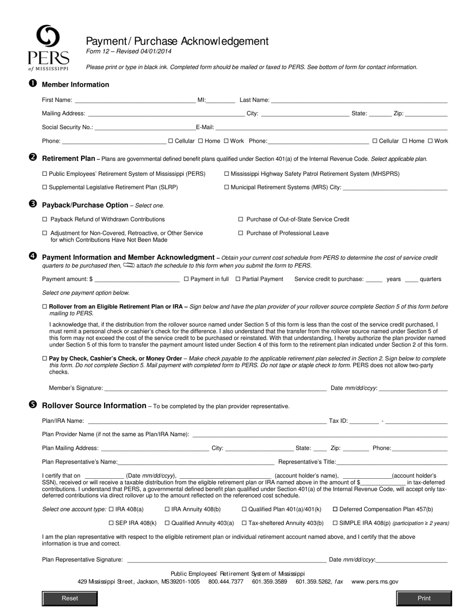 Form 12 Payment / Purchase Acknowledgement - Mississippi, Page 1