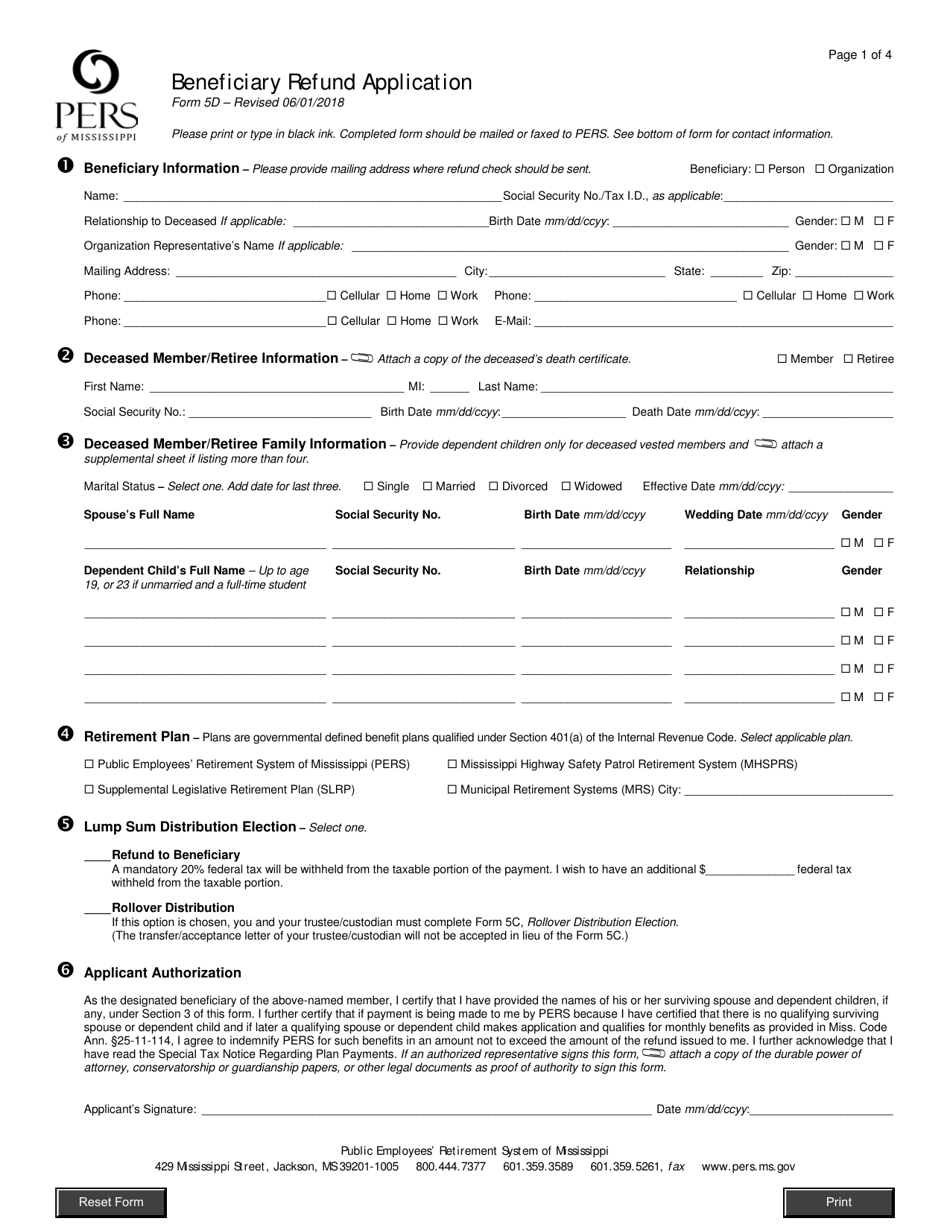 Form 5D Beneficiary Refund Application - Mississippi, Page 1