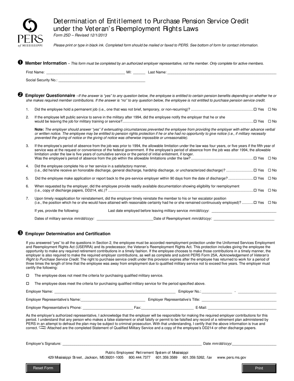 Form 25D Determination of Entitlement to Purchase Pension Service Credit Under the Veterans Reemployment Rights Laws - Mississippi, Page 1