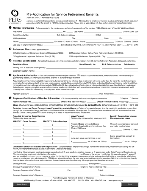 Form 9A SRVC Pre-application for Service Retirement Benefits - Mississippi