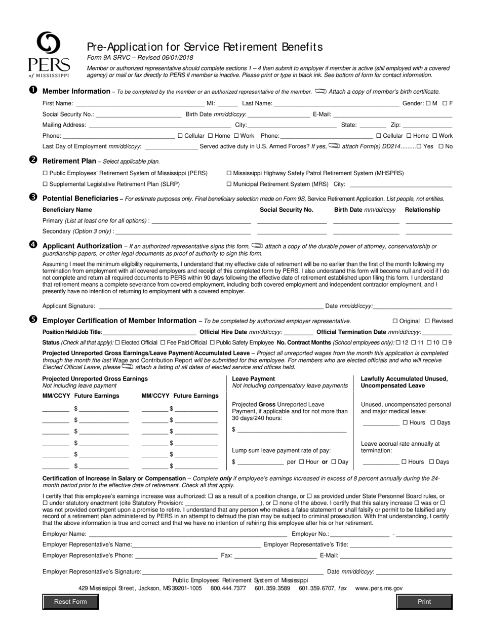 Form 9A SRVC Pre-application for Service Retirement Benefits - Mississippi, Page 1