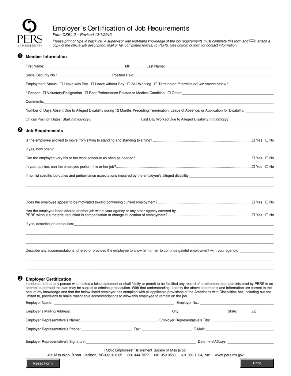 Form DSBL2 Employers Certification of Job Requirements - Mississippi, Page 1