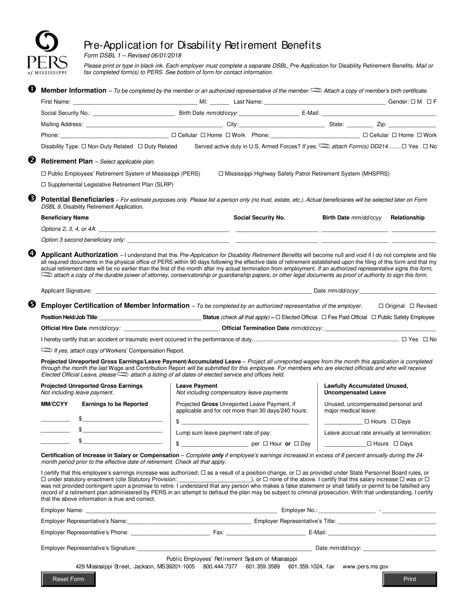 Form DSBL1 Pre-application for Disability Retirement Benefits - Mississippi, Page 1