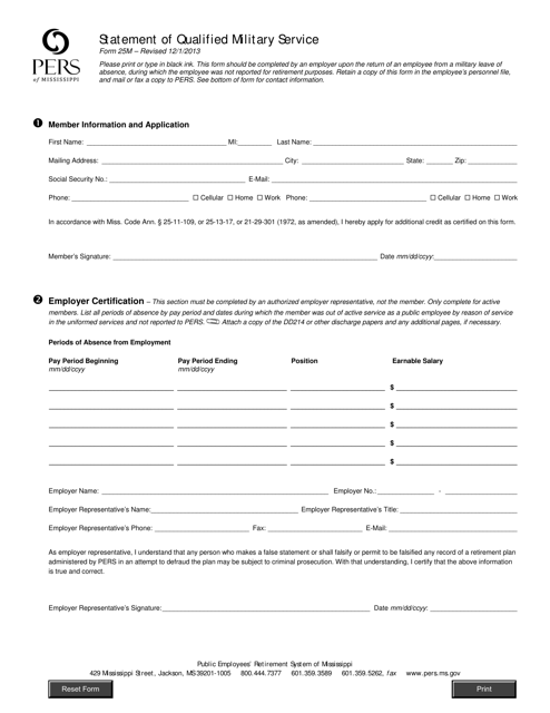 Form 25M Statement of Qualified Military Service - Mississippi