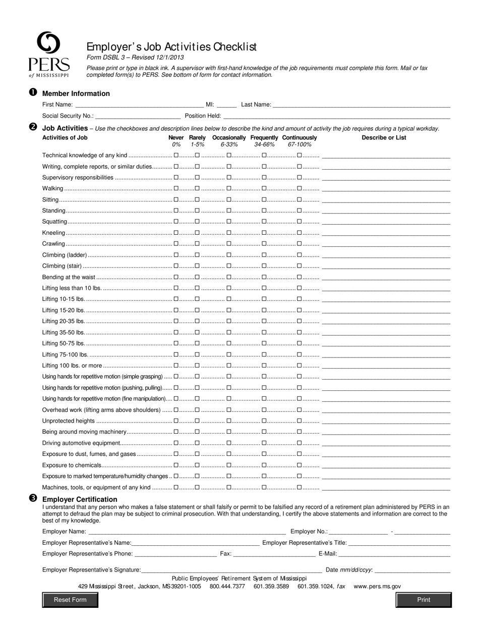 Form DSBL3 Employers Job Activities Checklist - Mississippi, Page 1