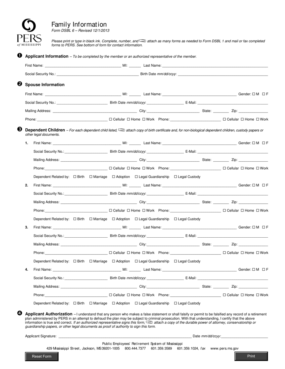 Form DSBL6 Family Information - Mississippi, Page 1