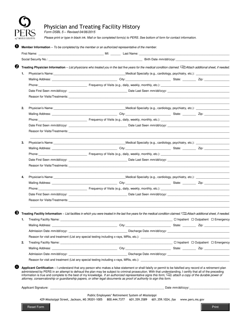 Form DSBL5 Physician and Treating Facility History - Mississippi, Page 1