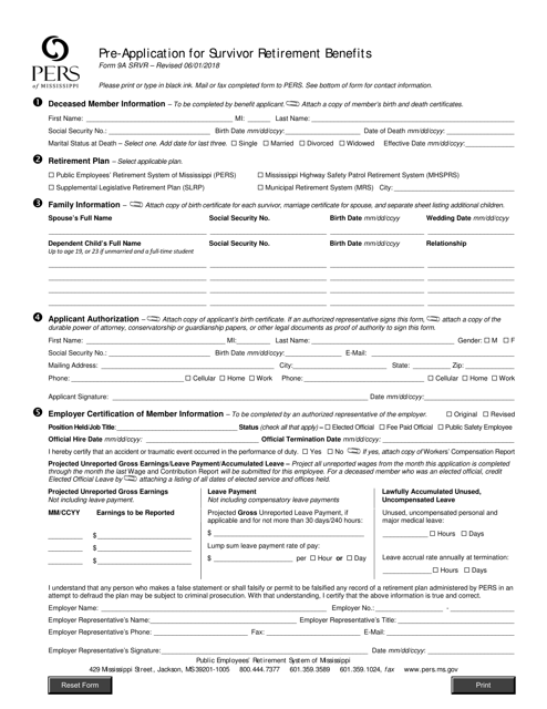 Form 9A SRVR Pre-application for Survivor Retirement Benefits - Mississippi