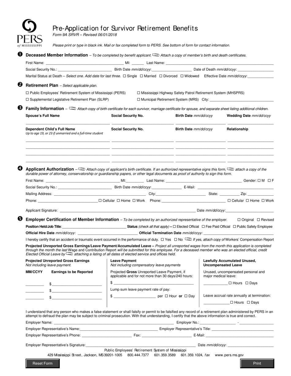 Form 9A SRVR Pre-application for Survivor Retirement Benefits - Mississippi, Page 1