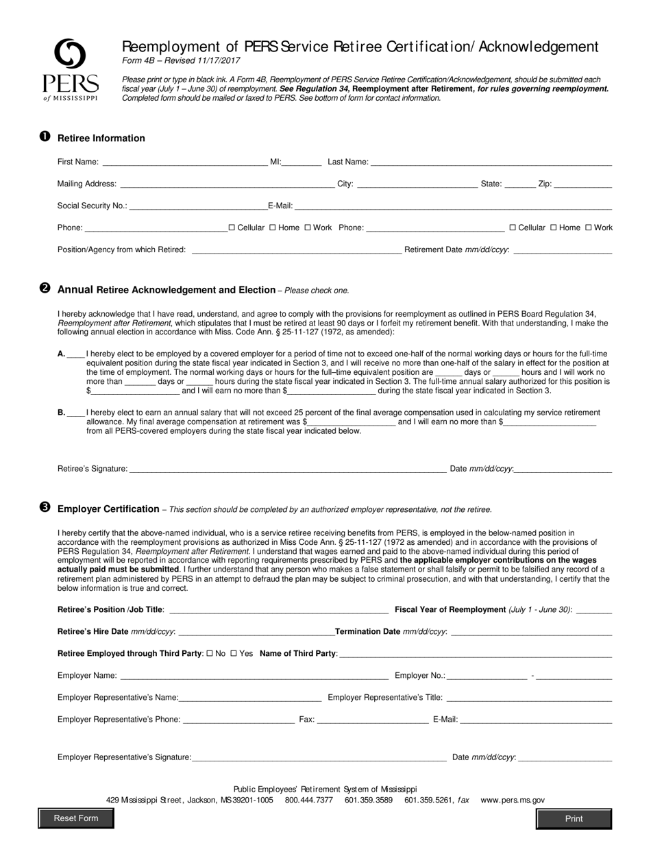 Form 4B Reemployment of Pers Service Retiree Certification / Acknowledgement - Mississippi, Page 1