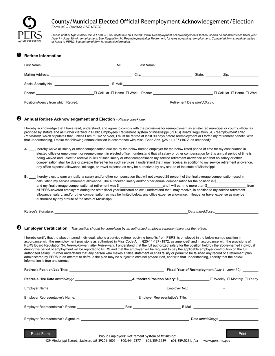 Form 9C County / Municipal Elected Official Reemployment Acknowledgement / Election - Mississippi, Page 1