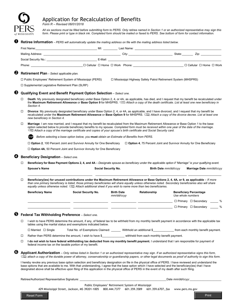 Form R Application for Recalculation of Benefits - Mississippi, Page 1