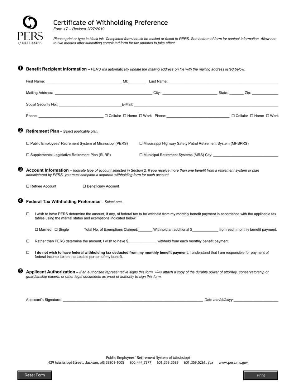Form 17 Certificate of Withholding Preference - Mississippi, Page 1