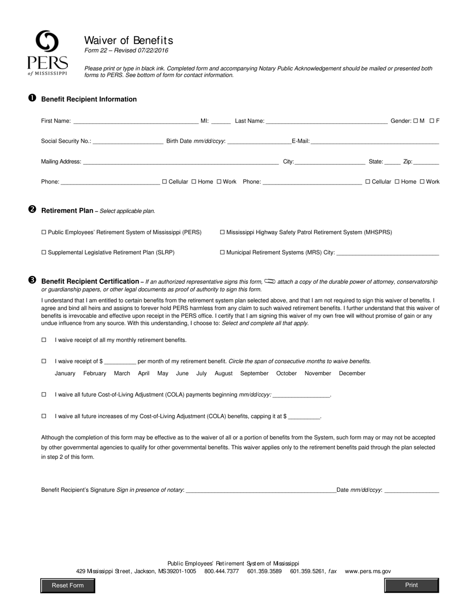 Form 22 Waiver of Benefits - Mississippi, Page 1
