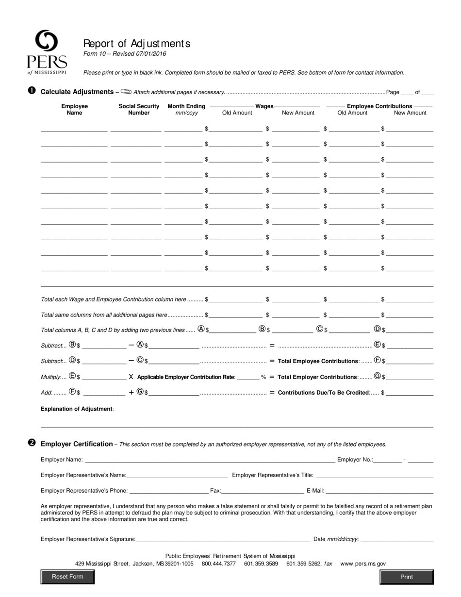 Form 10 Report of Adjustments - Mississippi, Page 1