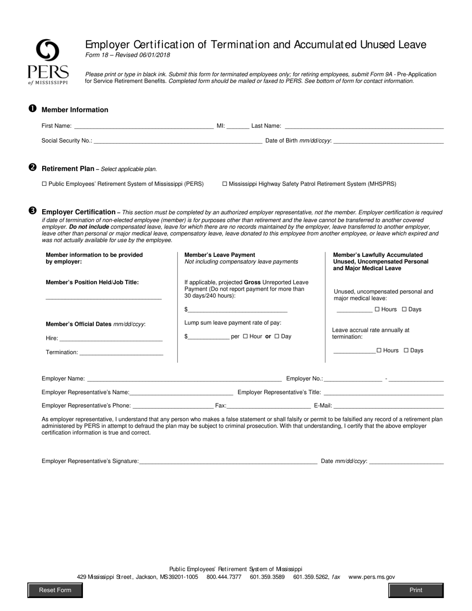 Form 18 Employer Certification of Termination and Accumulated Unused Leave - Mississippi, Page 1