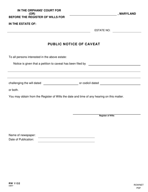 Form RW1132 Public Notice of Caveat - Maryland