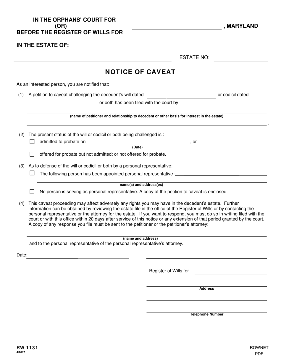 Form RW1131 Notice of Caveat - Maryland, Page 1
